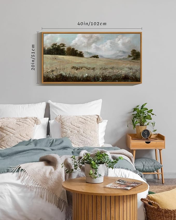 SHENIFY 20x40in Extra Large Vintage Framed Wall Art Rustic Grassland Meadow Landscape Painting Retro Wilderness Scenery Farmhouse Bedroom Above of Bed Living Room Decor - Natural Framed