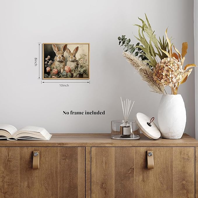 Easter Bunny Wall Art Poster, Two Adorable Rabbits with Flower Basket Picture Prints, Rustic Farmhouse Canvas Artwork, Vintage Holiday Wall Decor for Kids Room Bedroom Living Room 8x10in Unframed