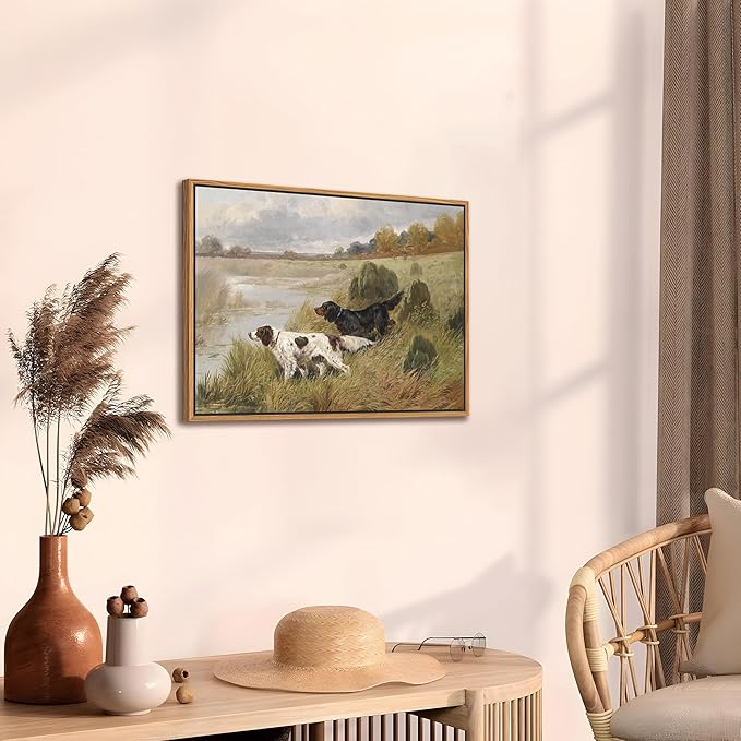 Floating Framed Vintage Hunting Dog Wall Art, Classic Countryside Landscape Canvas Print, English Setter and Gordon Setter Painting, Rustic Farmhouse Wall Decor for Living Room Study Office 12x16 inch