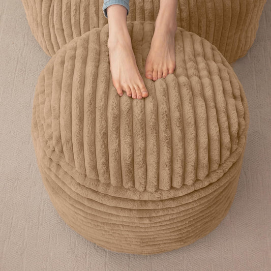 HIGOGOGO Round Stuffed Pouf Ottoman, Stripe Faux Fur Poufs with Foam Chunk Filling, Furry and Fluffy Pouf Foot Stool Storage Ottoman, 26 X 18 Floor Poufs Foot Rest for Living Room, Brown