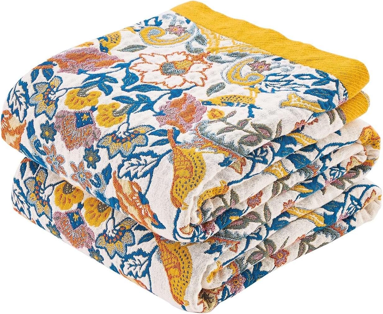 Boho Blanket Throw Quilt, 100% Cotton Soft Light Weight Throw Blankets for Summer, 90"x98" Farmhouse Flower Decorative Blankets, All Season Rustic Reversible Bohemian Throw Quilt
