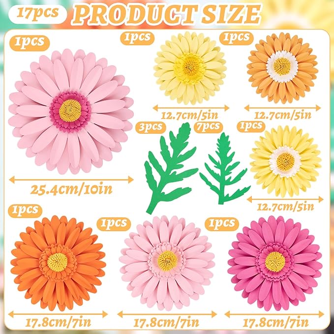 SUNBEAUTY Large Paper Flower Decoration for Wall 3D Large Paper Flower Pink Orange Daisy with Green Leaves Artificial Flower Wall Hanging for Classroom Bulletin Board Office Garden Tea Party Birthday