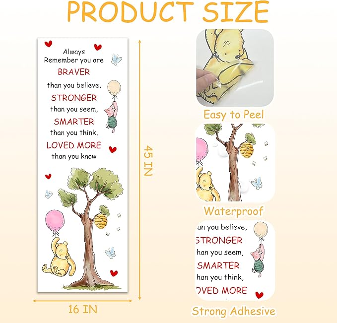 Winnie Wall Stickers for Kids, Winnie Character Stickers for Children Room, Inspirational Removable Wall Stickers for Baby Kids Nursery Bedroom Living Room Playroom Wall Decoration