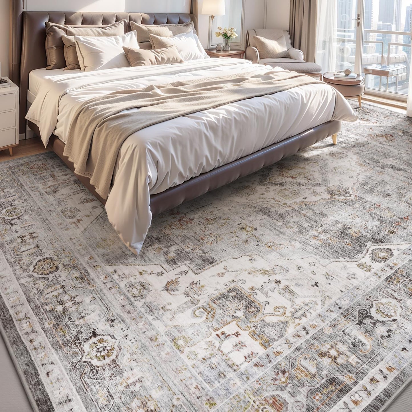 AMOAMI-4X6 Area Rugs for Living Room -Soft Vintage Bedroom Rugs-Non Slip Washable Rug-Throw for Living Room Bedroom Bedside Dining Room Office Grey