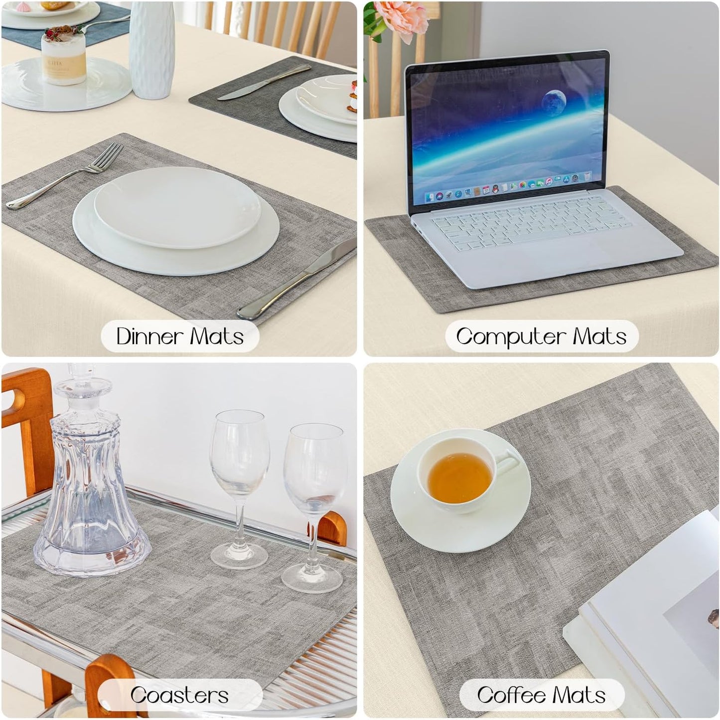 Romanstile Reversible Vinyl Placemats Set of 4, Faux Leather 100% Waterproof Oil-proof Wipeable Place Mats, Heat Resistant Dual Sided Table Mats for Kitchen/Dining/Party (Grey Light Grey, 12 x 17 Inch