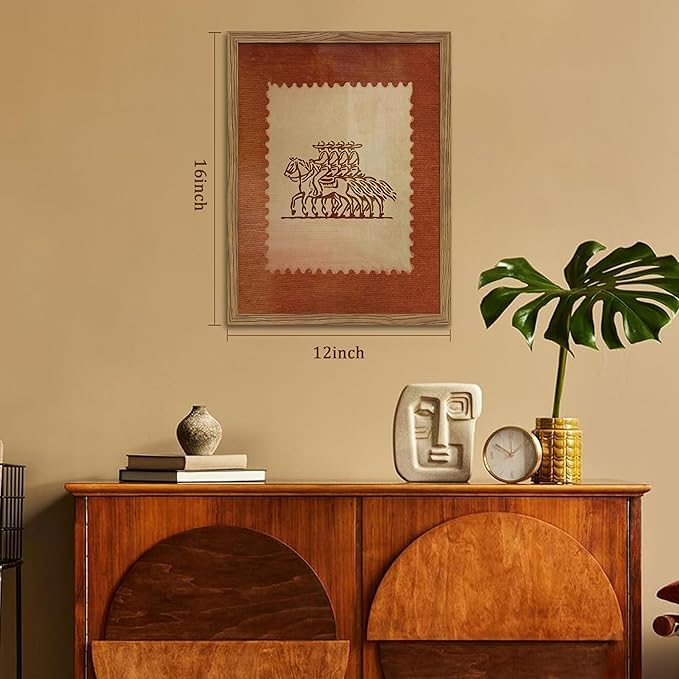 Framed Rustic Stamp Wall Art, Vintage Mexico Cowboys on Horseback Wall Decor, Earthy Tones Western Cowboy Canvas, Modern Farmhouse Pictures Prints for Bedroom Living Room – 12x16 inch