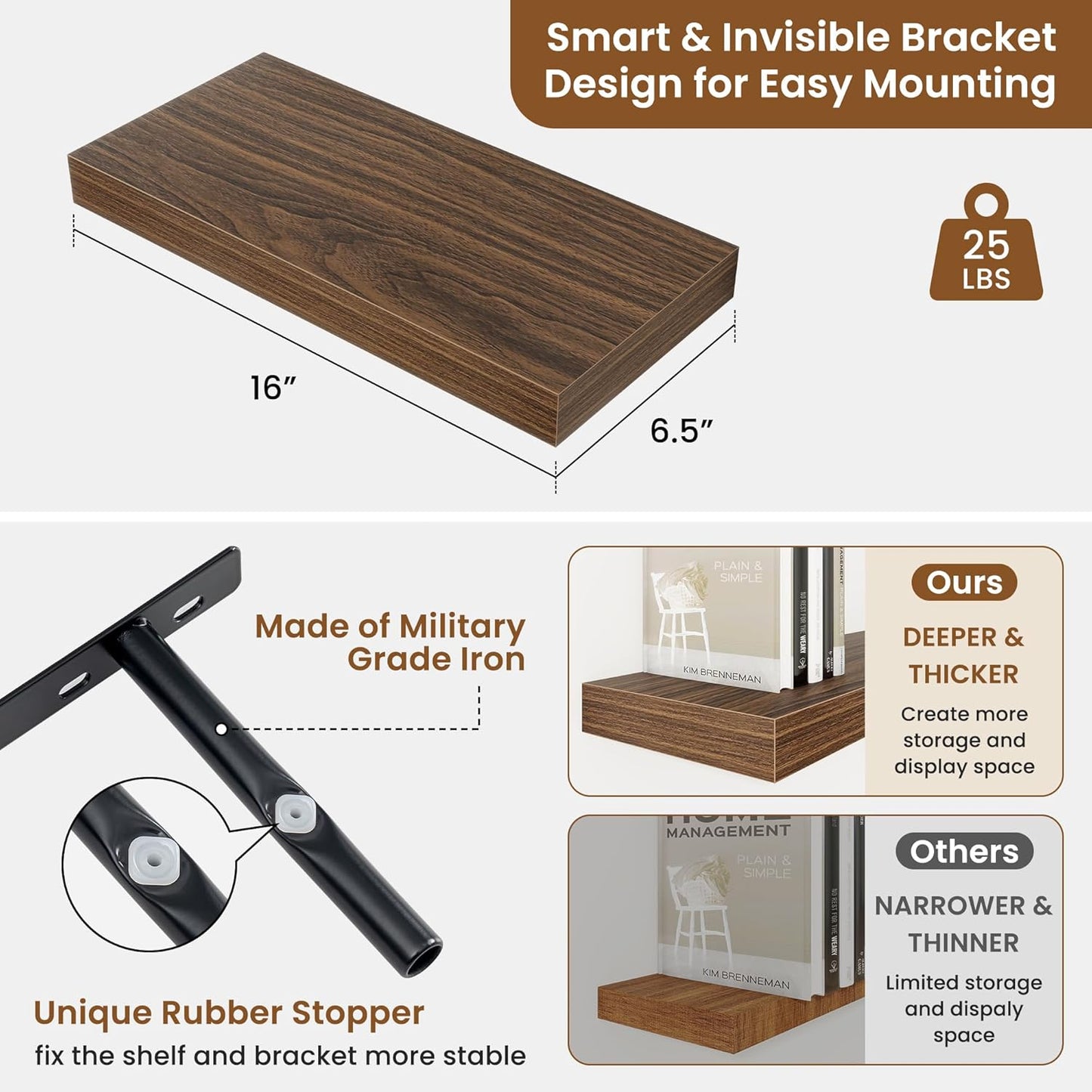 fuqing Floating Shelves for Wall, Bathroom Shelf Wall Mounted for Storage, Shelves with Invisible Bracket for Bedroom, Kitchen, Living Room, Farmhouse Small Book Shelf, 16 Inch Set of 2, Walnut