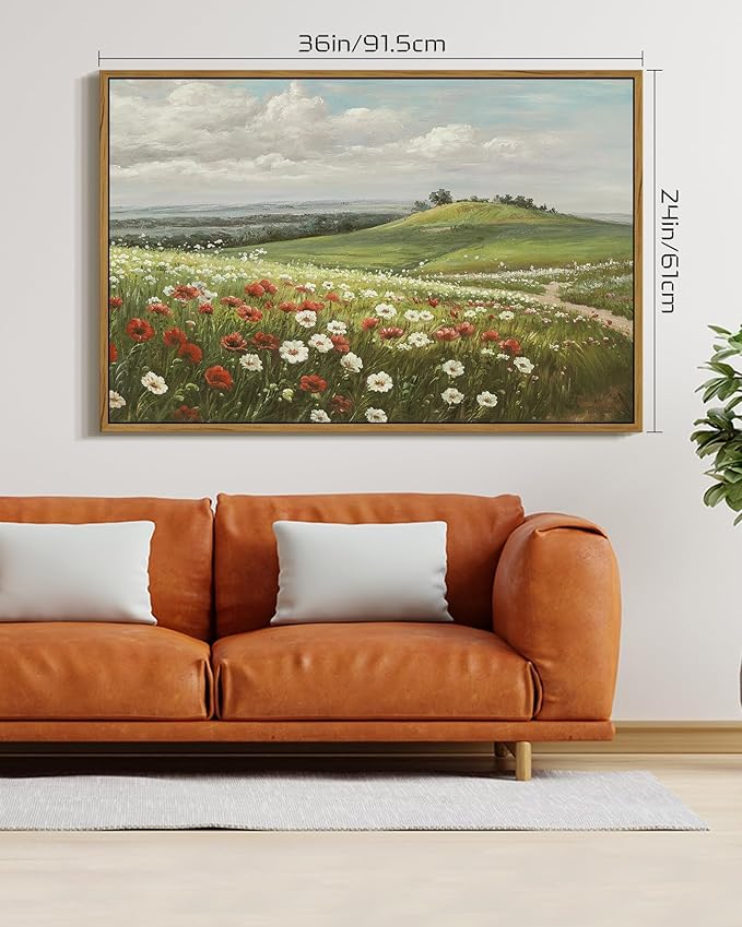 SHENIFY Vintage Landscape Framed Wall Art Meadow with Flowers Scenery Farmhouse Decor Rustic Retro Grassland Floral Field Painting for Hallway Living Room Bedroom - 24x36in Natural Framed