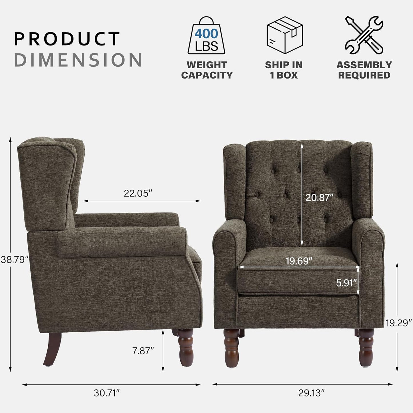 Lumibee High Back Accent Chair,Upholstered Wingback Armchair with Solid Wood Legs for Small Spaces,Comfy Single Sofa Chair for Living Room,Bedroom,Office-Taupe