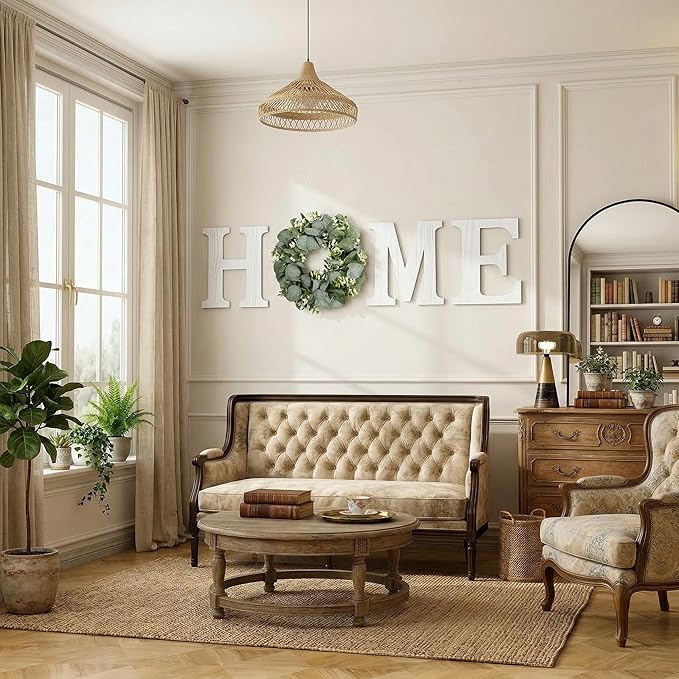 Wood Home Sign with Artificial Eucalyptus Wreath for O, Hanging Farmhouse Wall House Decor Wood Letters for Wall Art Rustic Home Decor, Wall Decor for Living Room Kitchen Entryway (White)