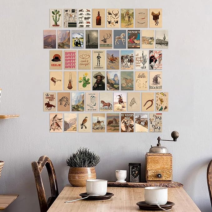 KBKBART 50 Pcs Vintage Western Cowboy Pictures Wall Decor, Farmhouse Western Wall Art Prints, Southwestern Boho Old Wild Collage Kit 4"x6", Vintage Cowgirl Aesthetic Poster for Bedroom, Teen Girl Dorm Decor