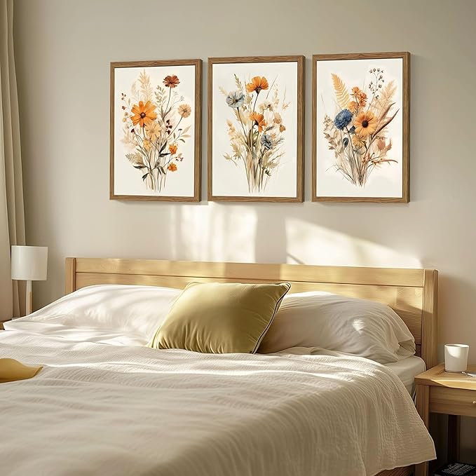 Vintage Wildflower Framed Canvas Wall Art Set of 3 – Rustic Botanical Floral Pictures Prints for Living Room Bedroom Bathroom, Retro Boho Wall Decor for Home Aesthetic 12x16 inch