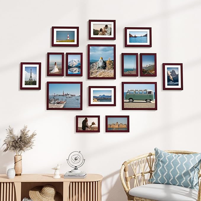 Vittanly 15 Pack Picture Frames Collage Wall Decor for Mounting or Tabletop Display, Gallery Frame Set for Family, Multi Sizes Including 3pcs 8x10, 6pcs 5x7, 6pcs 4x6, Cherry Red