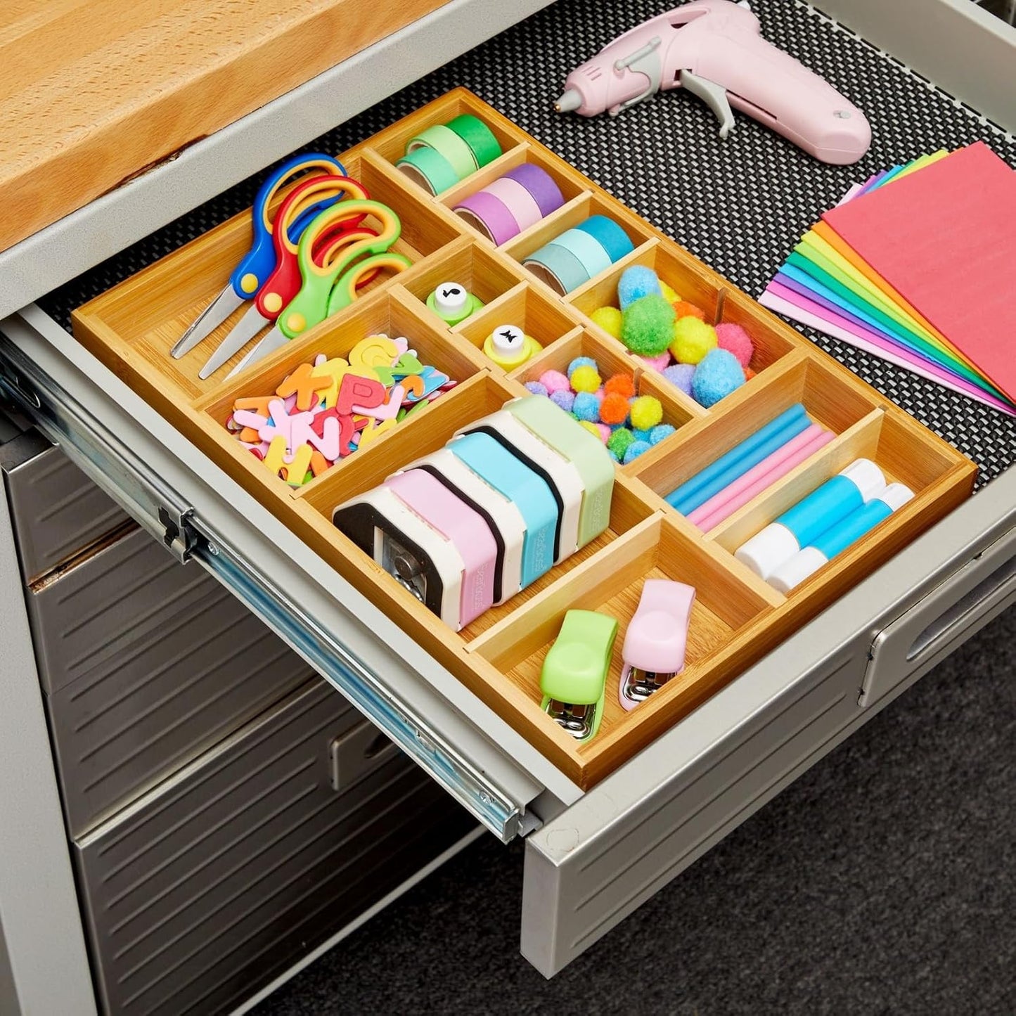 Juvale Drawer Organizer Tray - 14 x 10 x 2 In Brown Bamboo - 8 Adjustable Dividers for Custom Storage - Silverware & Utensil Organizer - Desk Drawer Divider - Versatile Wooden Divided Tray