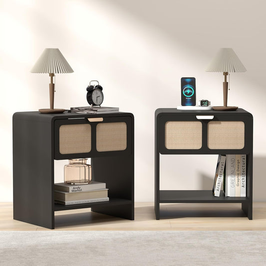 LEVNARY Nightstand Set of 2, Mid-Century Modern Bedside Table with Charging Station and Fabric-Like Textured Drawer, Wooden End Table for Farmhouse Bedroom Living Room (2, Black)