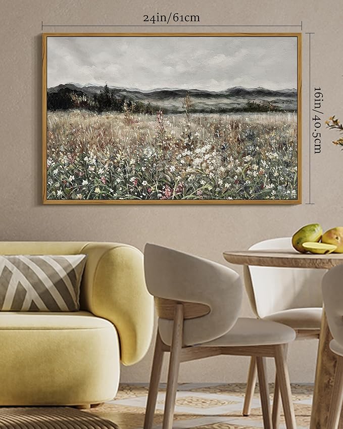 SHENIFY Vintage Landscape Framed Wall Art Meadow Flowers Farmhouse Decor Retro Classic Painting for Hallway Living Room Bedroom Dining Room - 16x24in Natural Framed