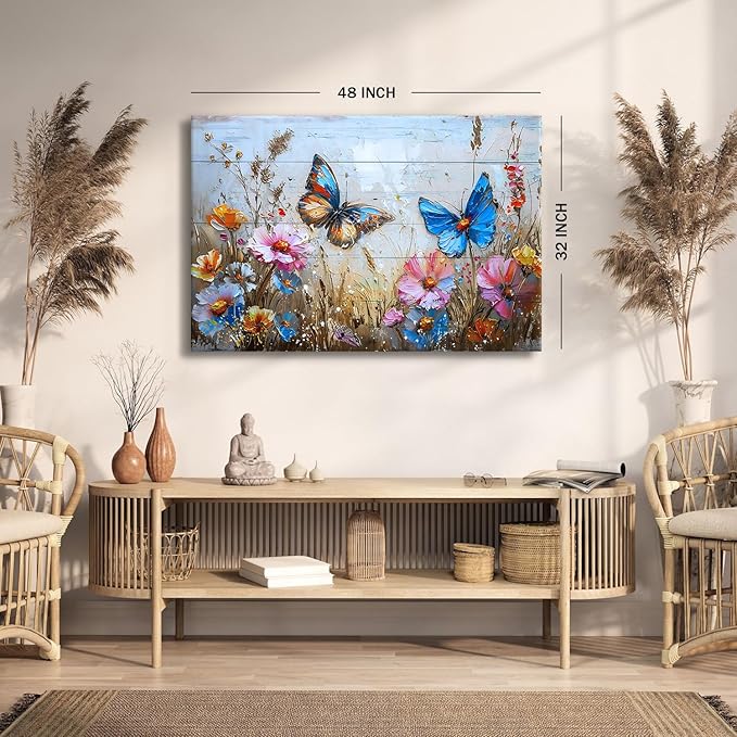 Wildflower Canvas Wall Art Butterfly Wall Decor for Bedroom Colorful Flowers Landscape Pictures Abstract Nature Floral Painting Artwork for Kitchen Living Room Home Decoration 32x48"
