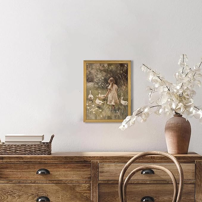 Wood Framed Canvas Wall Art, Vintage Girl with Ducks Painting Poster, Countryside Pastoral Landscape Print Picture, Rustic Farmhouse Wall Decor for Living Room Bedroom Nursery 8x10 inch