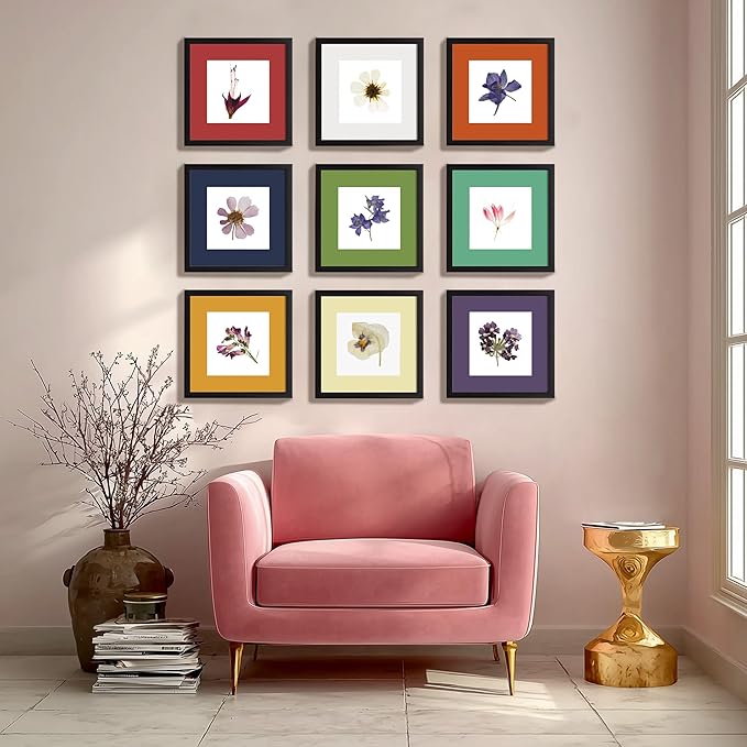 eletecpro 12x12 Picture Frames Set of 9 with Multi Colors Mats for 8x8 Photos or without Mat for 12x12, Square Gallery Wall Decor Collage for Picture Display, Black Frame Set for Wall Hanging