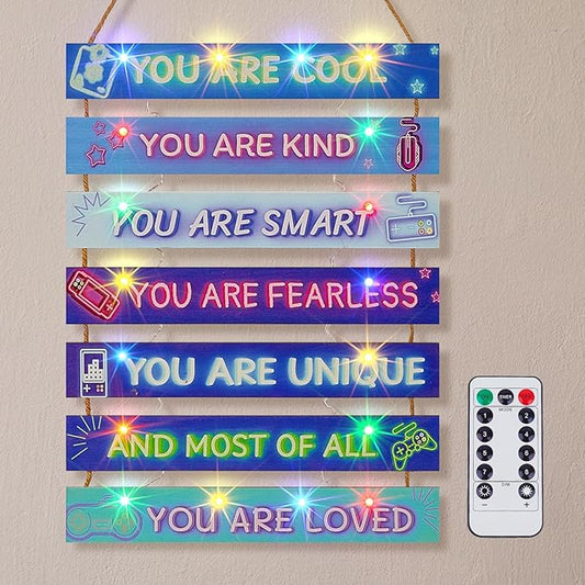 FIOBEE Girls Room Décor for Teen Girls Boys with LED Light Wall Decor for Bedroom Motivational Inspirational Wall Art Girl Room Decoration for Kids Studyroom, 8 Kinds of Lights, Blue Game