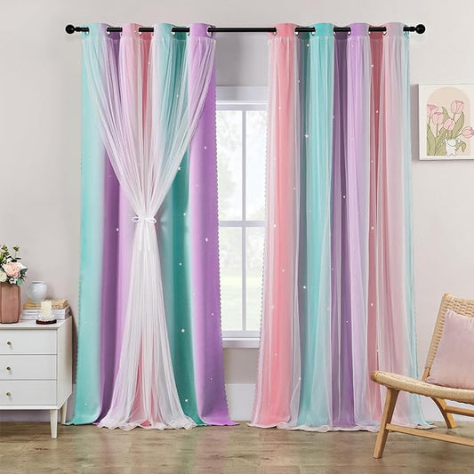 XiDi Girls Blackout Curtains 102 Inches Long for Bedroom, Room Darkening Grommet Window Ombre Curtains 2 Panel Sets, Kids Unicorn Princess Theme Decor Colorful Rainbow Design Pink Purple Green 52x102
