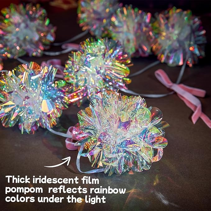 Iridescent Party Decorations, Iridescent Pompom Garland with Pink Bow Banner 2 Piece, Shimmering Mantel Garland for Birthdays, Weedings, Girls Party Decorations