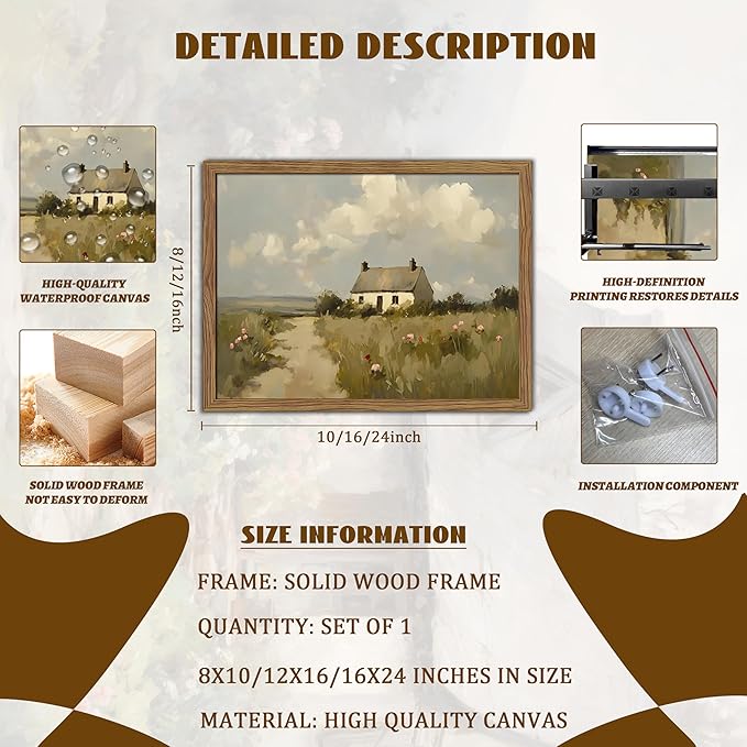 Vintage Wall Art, Framed English Countryside Cottage Painting Print, Country Farmhouse Canvas Wall Art, Rustic Landscape Pictures Artwork Wall Decor for Bedroom Living Room – 12x16 inch