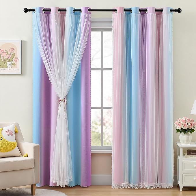 XiDi Girls Rainbow Blackout Curtains for Bedroom 2 Panels 63 Inches Long Thermal Insulated Pink Purple Double Layer Curtains with Sheer Overlay for Nursery Kids Room Decor Grommet Drapes W34XL63