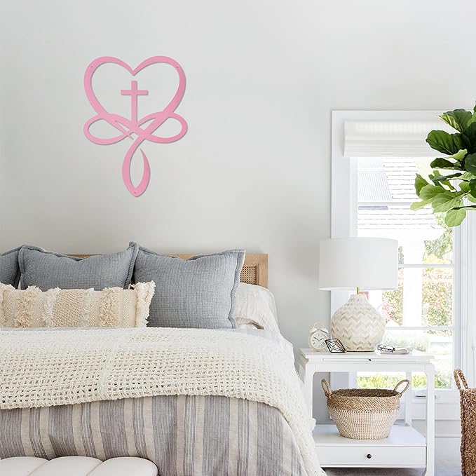 Metal Infinity Heart Cross Wall Decor, Unique Cross Decorative Wall Art, Heart And Love Sign Wall Plaques, Love Gift For Adult Home Wedding Decor Room Bedroom Living Room Decoration（Pink)