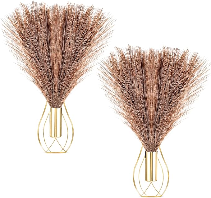 Otoolling 2 Pieces Hanging Plant Wall Decor with Artificial Pampas Grass Metal Hanging Vase Modern Geometric Farmhouse Bohemian Wall Art for Living Room Bedroom Kitchen Bathroom Office(Gold, Brown)