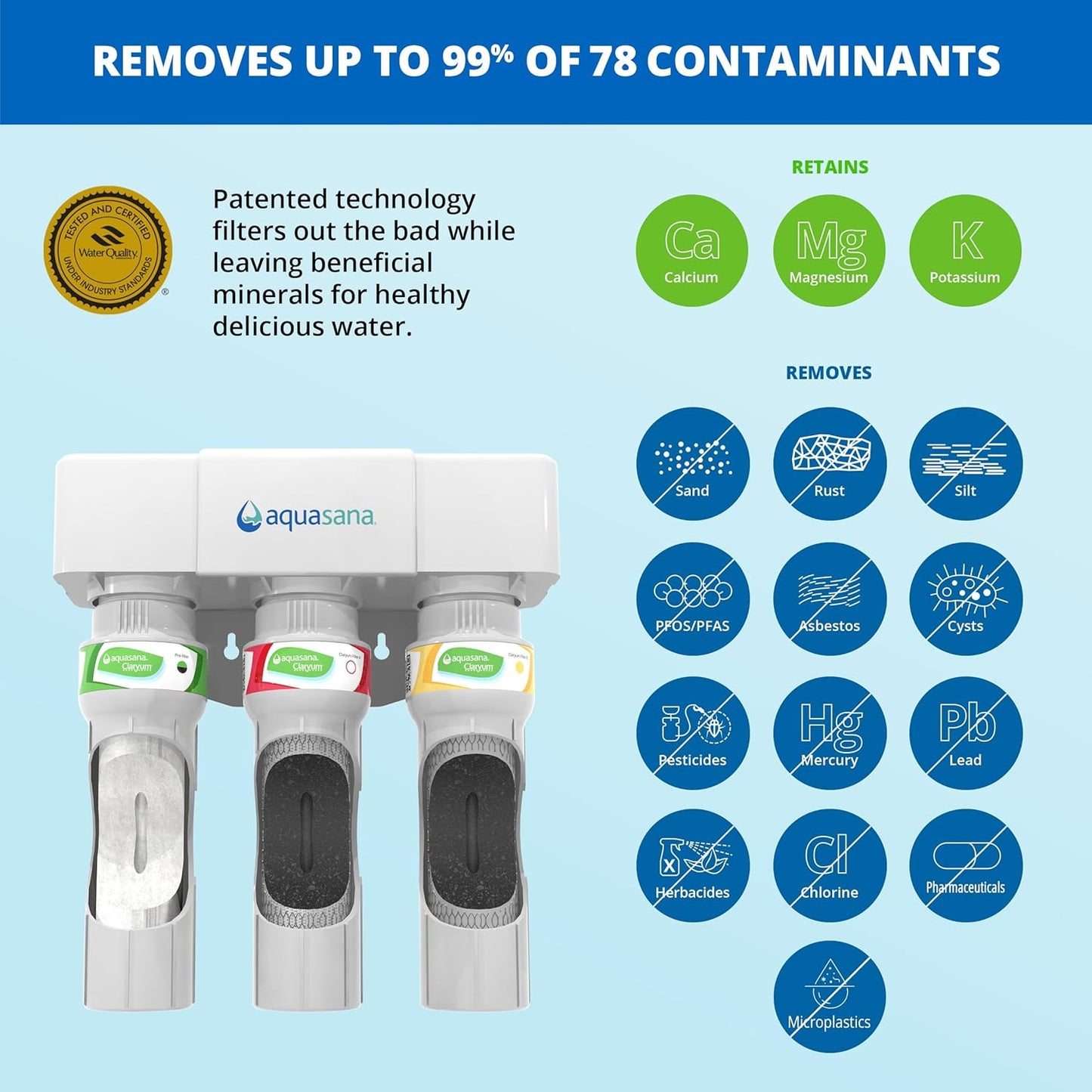 Aquasana Under Sink Water Filter System - Reduces PFAS, Lead, & Chlorine in Drinking Water - Under Counter Claryum Filtration for Kitchen - 3-Stage Max Flow - Chrome Faucet - AQ-5300+.56
