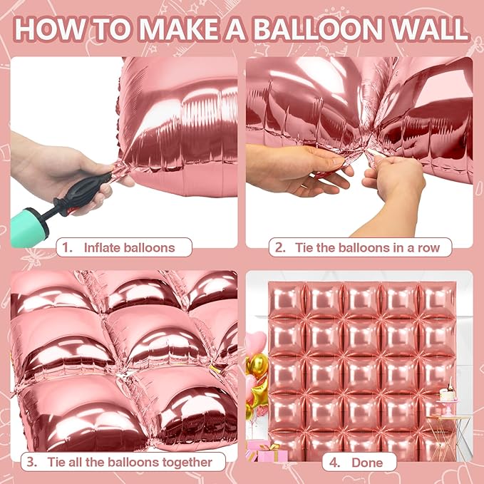 NISOCY 25PCS Rose Gold Square Foil Balloons Wall Backdrop Double Sided Rose Gold Balloon Tunnel Arch Kit for Birthday Valentines Wedding Anniversary Bridal Baby Shower Graduation Party Decorations