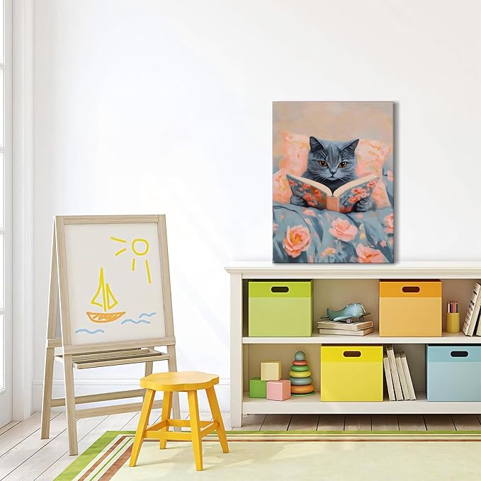 Framed Cat Reading Book Canvas Wall Art, Cute Gray Kitten Painting Print, Funny Animal Lovers Picture Wall Decor for Bedroom Living Room Kids Room Girls Room Home Decor 16x24 Inch