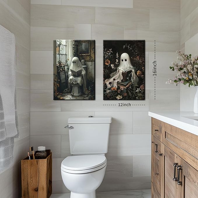 Framed Halloween Cute Ghost Canvas Wall Art Set of 2 - Gothic Bathroom Decor, Ghost Reading Book and Newspaper Wall Decor, Dark College Halloween Aesthetic for Living Room Bedroom 12x16 inch