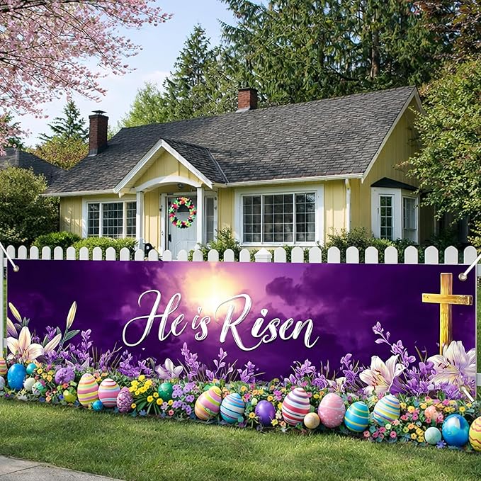 He Is Risen Easter Banner Christian Resurrection Spring Decor 78 x 17 Inch Religious Purple Cross Flower Scene Banner for Church Yard Fence Door Wall Indoor Outdoor Easter Display