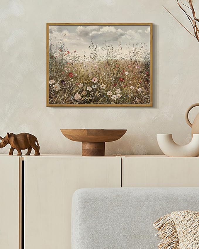 SHENIFY Vintage Landscape Framed Wall Art Meadow with Flowers Farmhouse Decor Retro Wildflower Field Scenery Painting for Kitchen Living Room Bedroom Bathroom - 11x14in Natural Framed