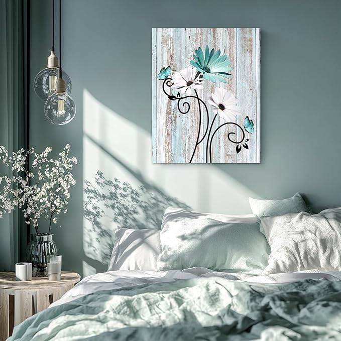 HVEST Teal Daisy Wall Art for Bathroom Aesthetic Flower and Butterfly Rustic Farmhouse Decor Turquoise and Teal Wall Art for Living Room Bedroom Kitchen Decor Ready to Hang, 20Lx16W Inches