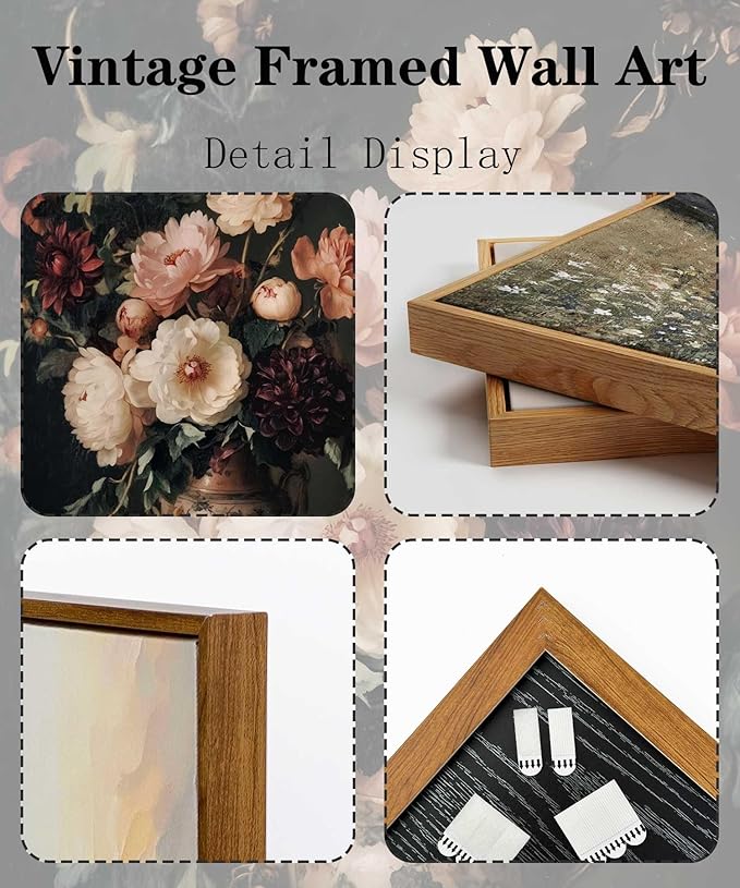 Framed Vintage Dark Floral Wall Art Moody Flower Picture Wall Decor Retro Antique Still Life Painting Print Artwork for Bedroom Bathroom Home Decoration 8x10in