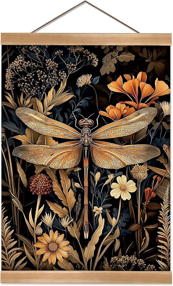 William Morris-Inspired Wall Art Poster, Vintage Dragonfly Hanging Wall Painting Buck Art, Mid-Century & Dark Academia Decor, Gothic Canvas Poster for Bedroom or Living Room 12x16inch(Dragonfly)