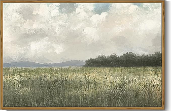 SHENIFY Vintage Landscape Framed Wall Art Country Meadow Scenery Farmhouse Decor Retro Painting for Living Room Bedroom Ready to Hang Wall Artwork - 24x36in Natural Framed