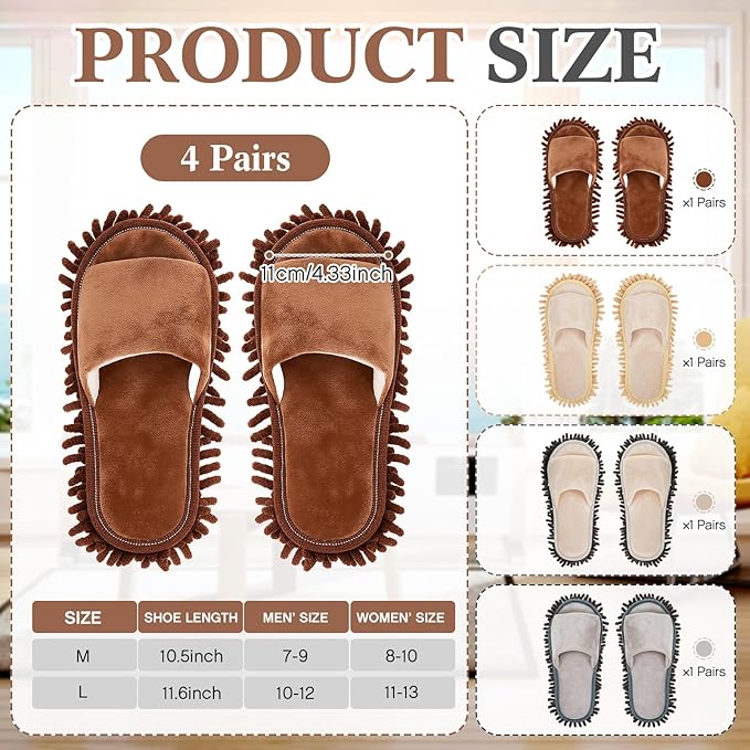 Jecery 4 Pair Washable Microfiber Mop Slippers Detachable Dusting Shoes for Floor Cleaning, Office & Home Use Suitable for Women & Men(Blue, Brown, Beige, White,L Size)