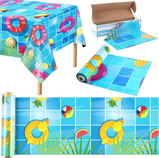 Kochorie Swimming Pool Plastic Tablecloth Roll 100 Ft x 54 Inch Pool Party Table Cover Roll with Cutter Box Summer Themed Ocean Backdrop for Summer Beach Pool Ocean Party Supplies
