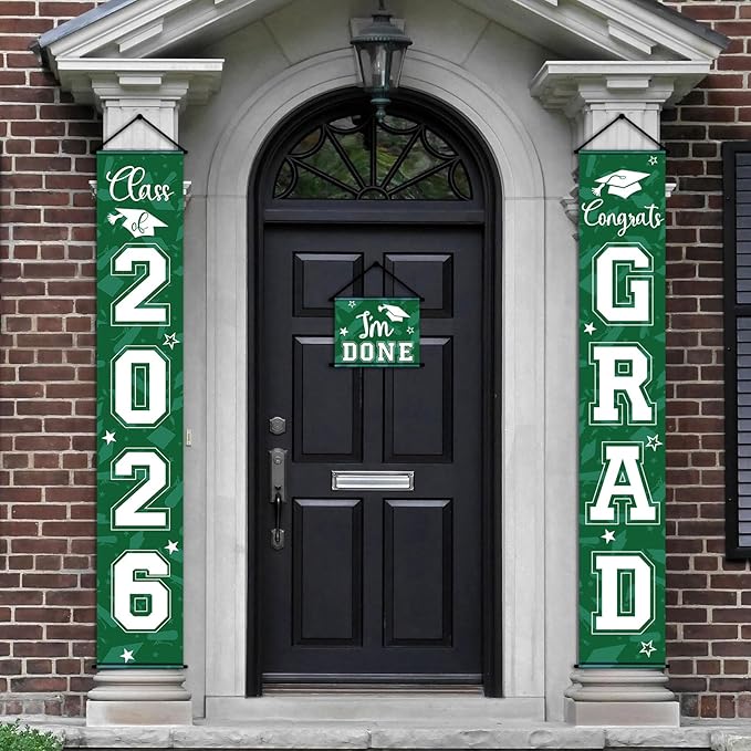 Moukeren 3 Pieces 2026 Graduation Party Decorations Graduation Porch Sign Class of 2026 Grad Hanging Porch Banner Backdrop Door Sign for Grad Party Home Door Wall Decor(Green)