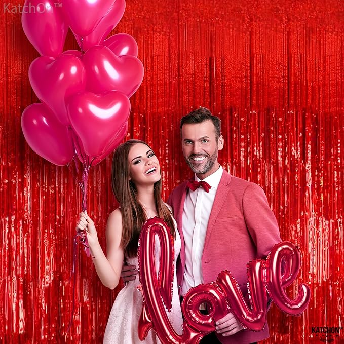KatchOn, XtraLarge Red Streamers Backdrop - 3.2x8 Feet, Pack of 2 | Red Fringe Backdrop for Graduation Decorations 2026 | Foil Fringe for Birthday, Carnival, Casino Theme Party Decoration
