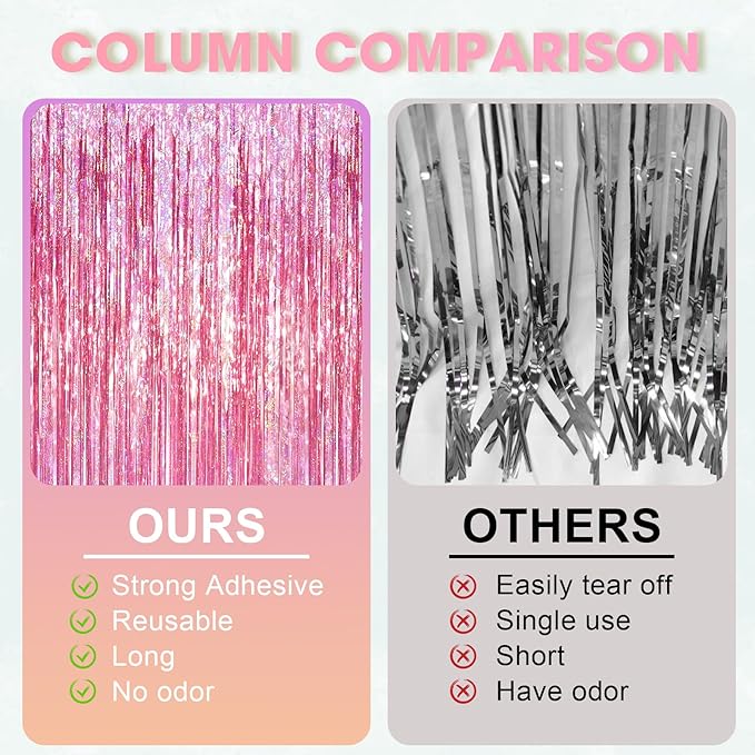 3.3 x 6.6 ft Foil Fringe Backdrop Curtains, Tinsel Streamers Party Decorations, Fringe Backdrop for Birthday, Baby Shower, Gender Reveal, Graduation (3, Pink)