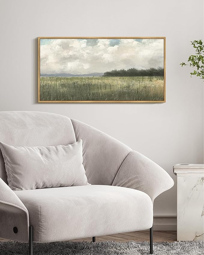 SHENIFY Vintage Landscape Framed Wall Art Country Meadow Scenery Farmhouse Decor Retro Painting for Bedroom Living Room Ready to Hang Wall Artwork - 8x16in Natural Framed