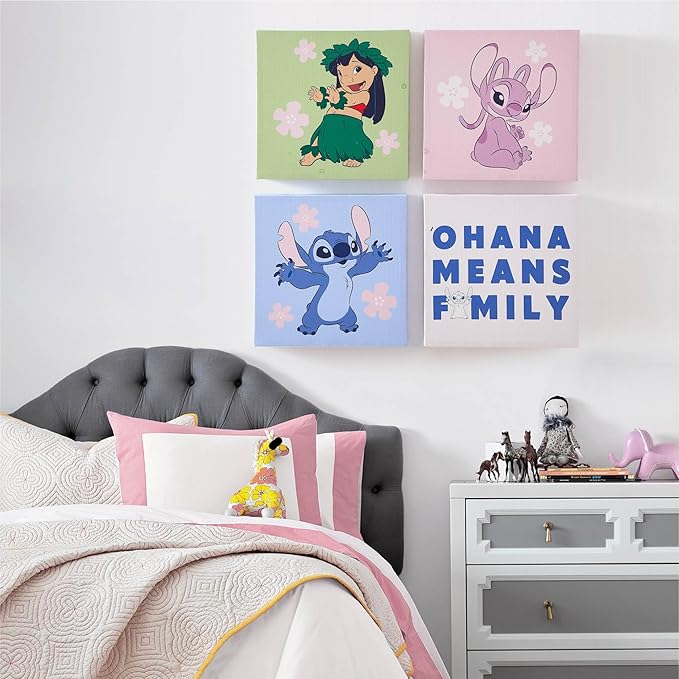 Disney Lilo & Stitch and Angel Canvas Wall Art – 4-Piece Set for Kids’ Room Décor, Each Print 12"x12", Colorful and Fun Artwork for Bedroom, Nursery, or Playroom