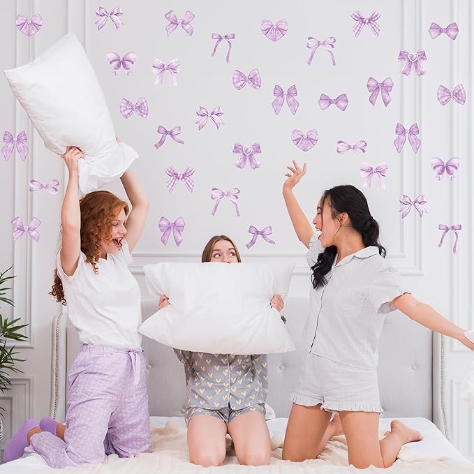 A1diee Purple Bow Wall Stickers - 60Pcs Trendy Light Purple Watercolor Coquette Aesthetic Wall Stickers Bow Knot Baby Room Decor Vinyl Decals Art Wallpaper for Boys Girls Bedroom Kindergarten Nursery
