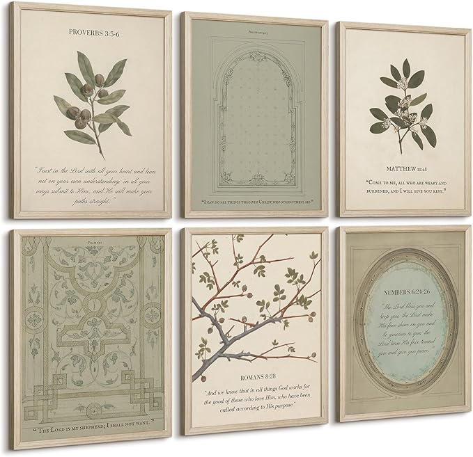 Sage Green Christian Wall Art Posters Vintage Bible Verse Canvas Wall Decor Scripture Botanical Art Prints Religious Picture Christian Painting Artwork for Living Room Bedroom 8x10x6 Inch Wood Framed