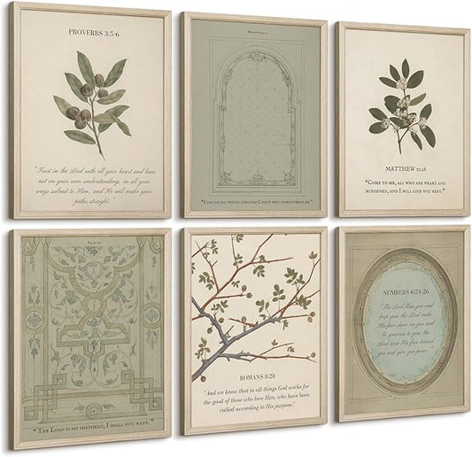 Sage Green Christian Wall Art Posters Vintage Bible Verse Canvas Wall Decor Scripture Botanical Art Prints Religious Picture Christian Painting Artwork for Living Room Bedroom 12x16x6 Inch Wood Framed